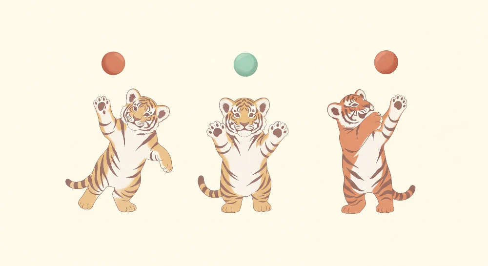 Kinderzimmer Tapete | Kleine spielende Tiger mit bunten Bällen