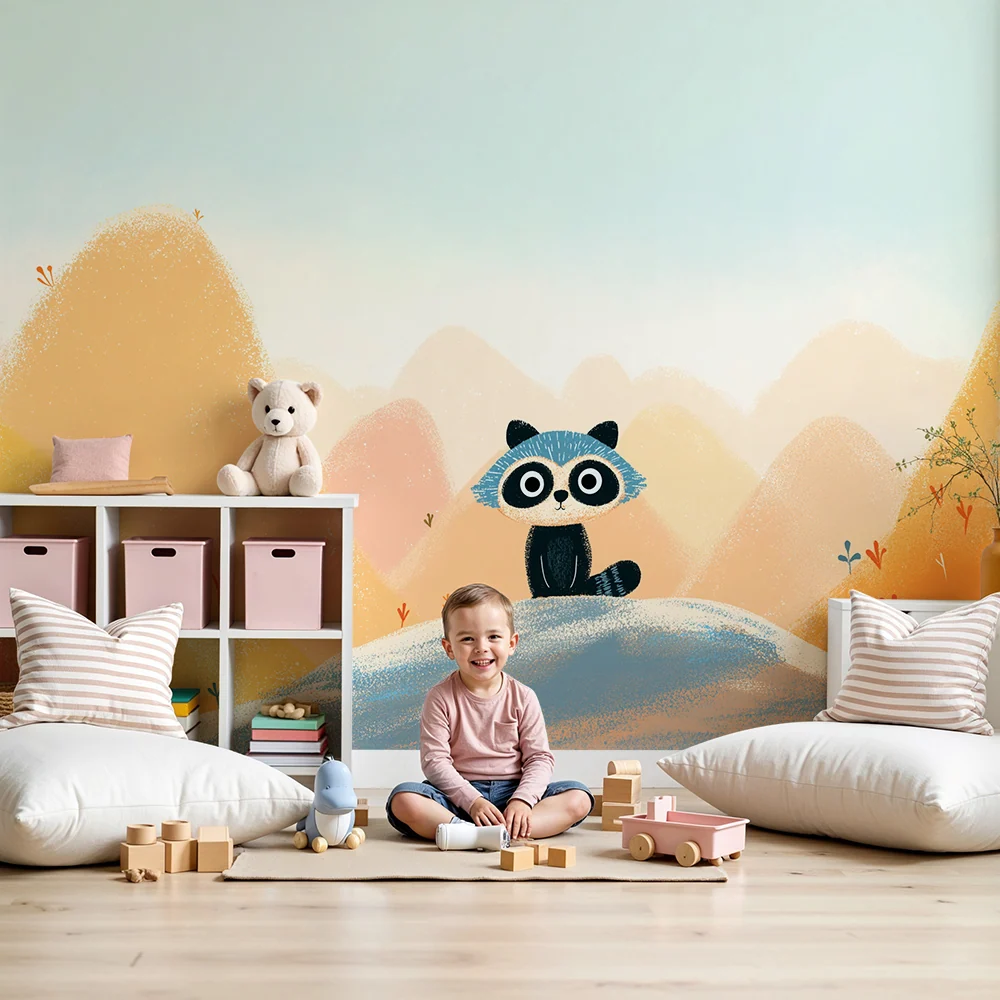 Kinderzimmer Tapete | Kleiner Waschbär einer bunten Berglandschaft