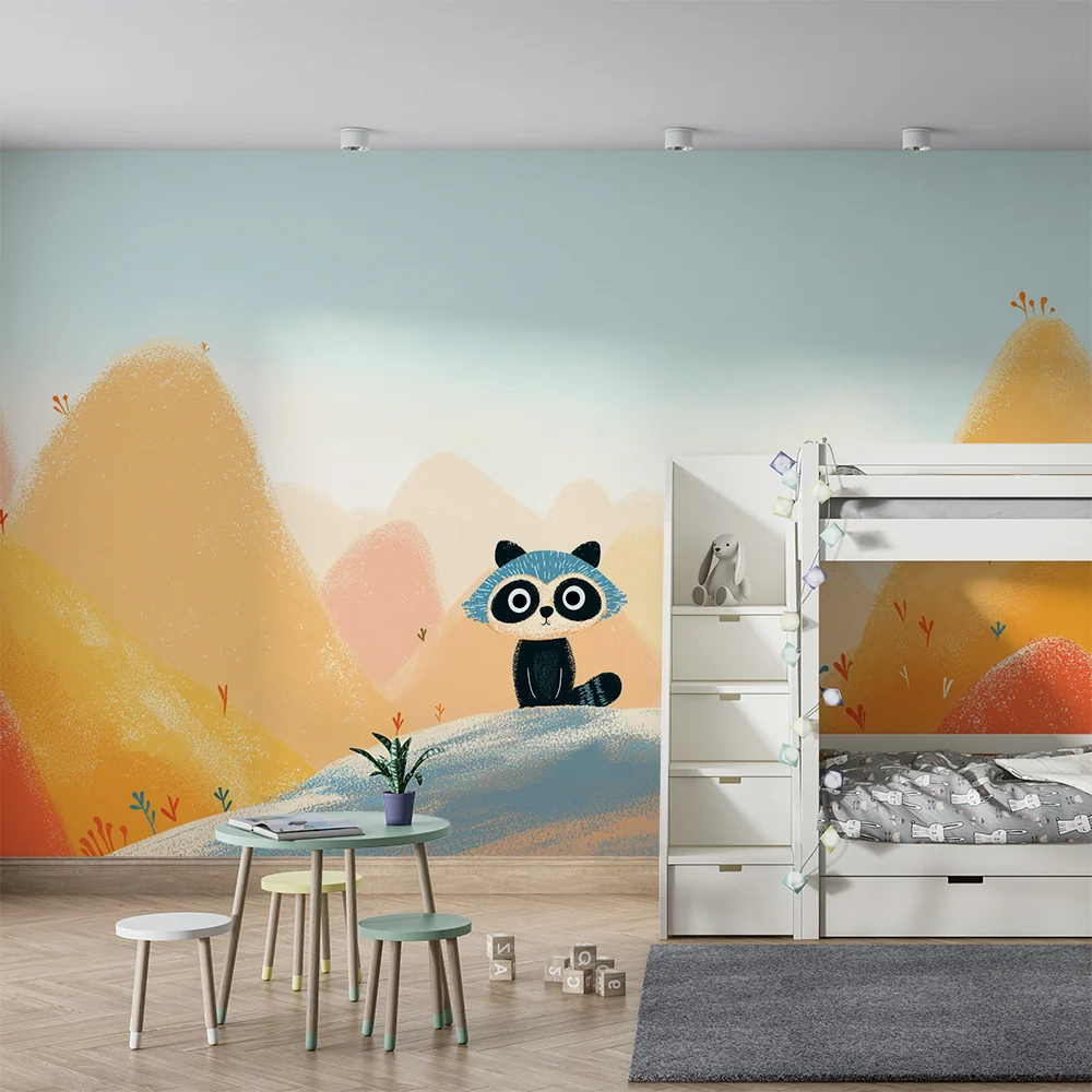 Kinderzimmer Tapete | Kleiner Waschbär einer bunten Berglandschaft