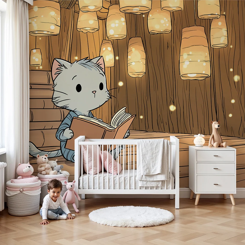 Kinderzimmer Tapete | Kleines Kätzchen einer magischen Bibliothek mit funkelnden Laternen