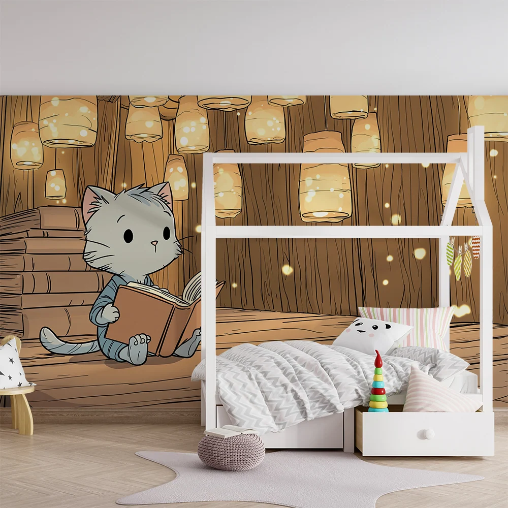 Kinderzimmer Tapete | Kleines Kätzchen einer magischen Bibliothek mit funkelnden Laternen
