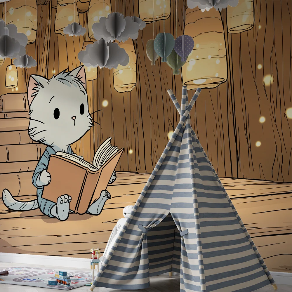 Kinderzimmer Tapete | Kleines Kätzchen einer magischen Bibliothek mit funkelnden Laternen