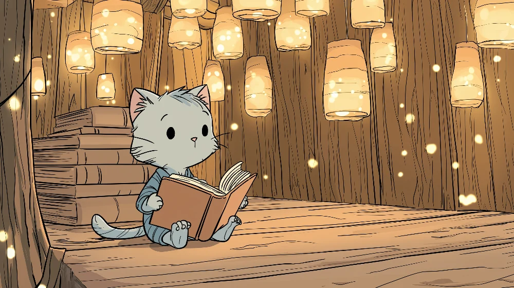Kinderzimmer Tapete | Kleines Kätzchen einer magischen Bibliothek mit funkelnden Laternen