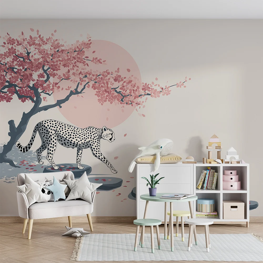 Kinderzimmer Tapete | Leopard geht unter blühenden Kirschbaum