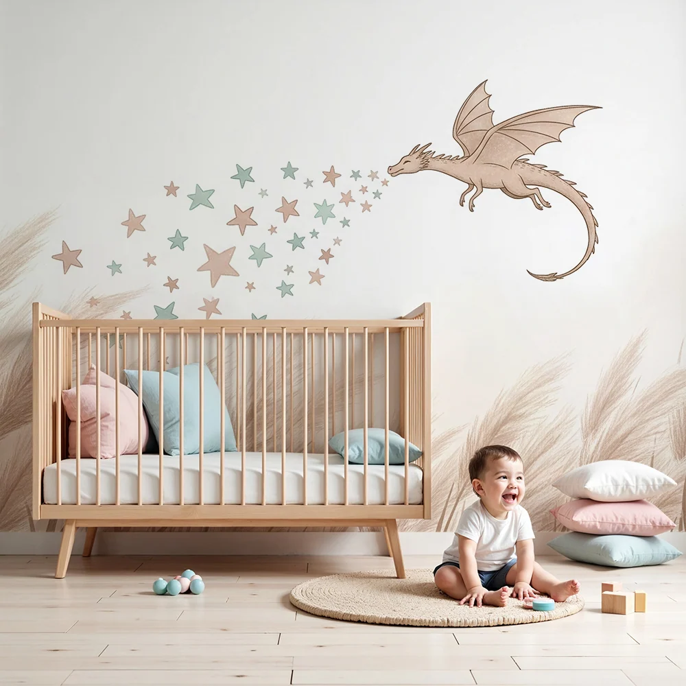 Kinderzimmer Tapete | Magischer Drache und Sterne einer sanften Landschaft