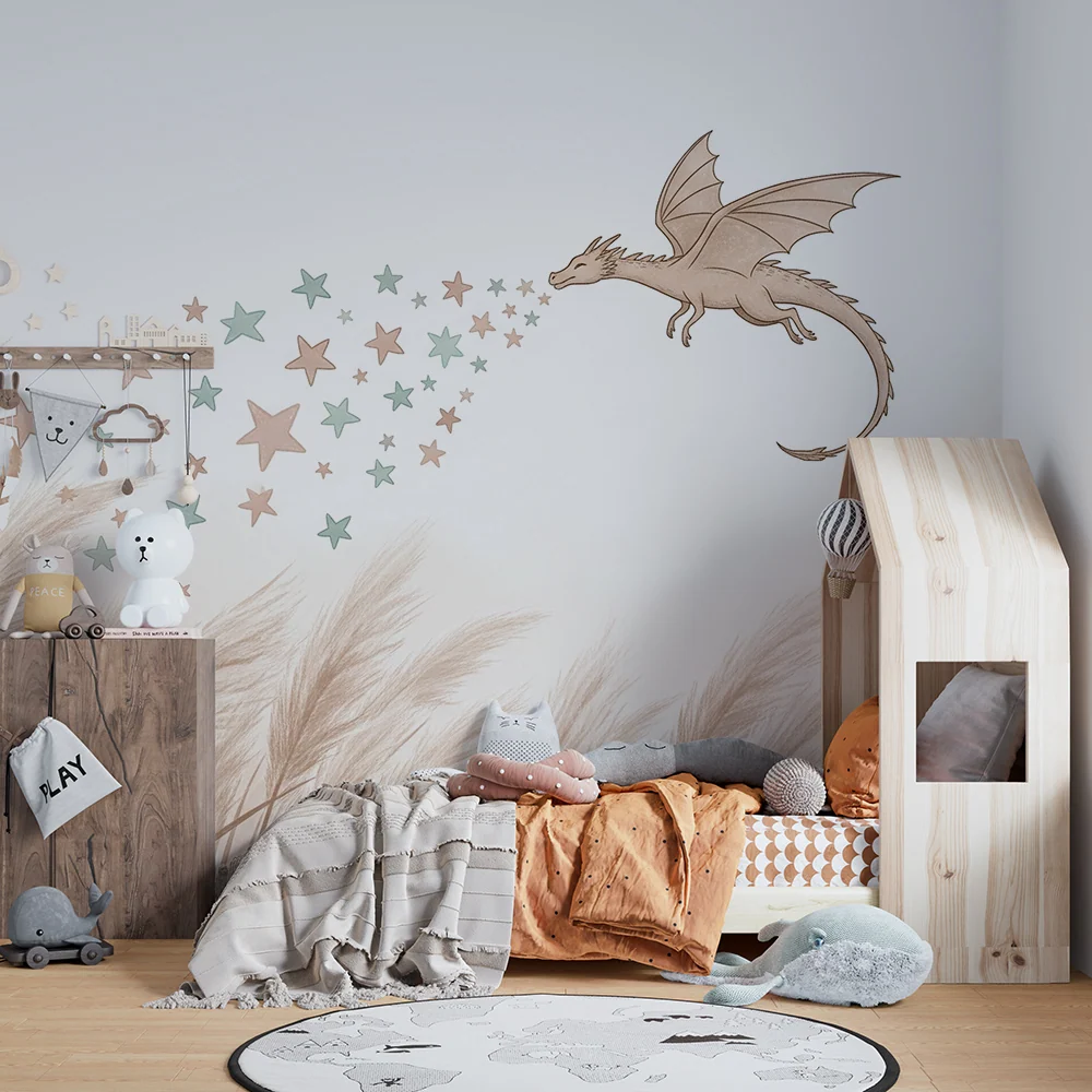 Kinderzimmer Tapete | Magischer Drache und Sterne einer sanften Landschaft