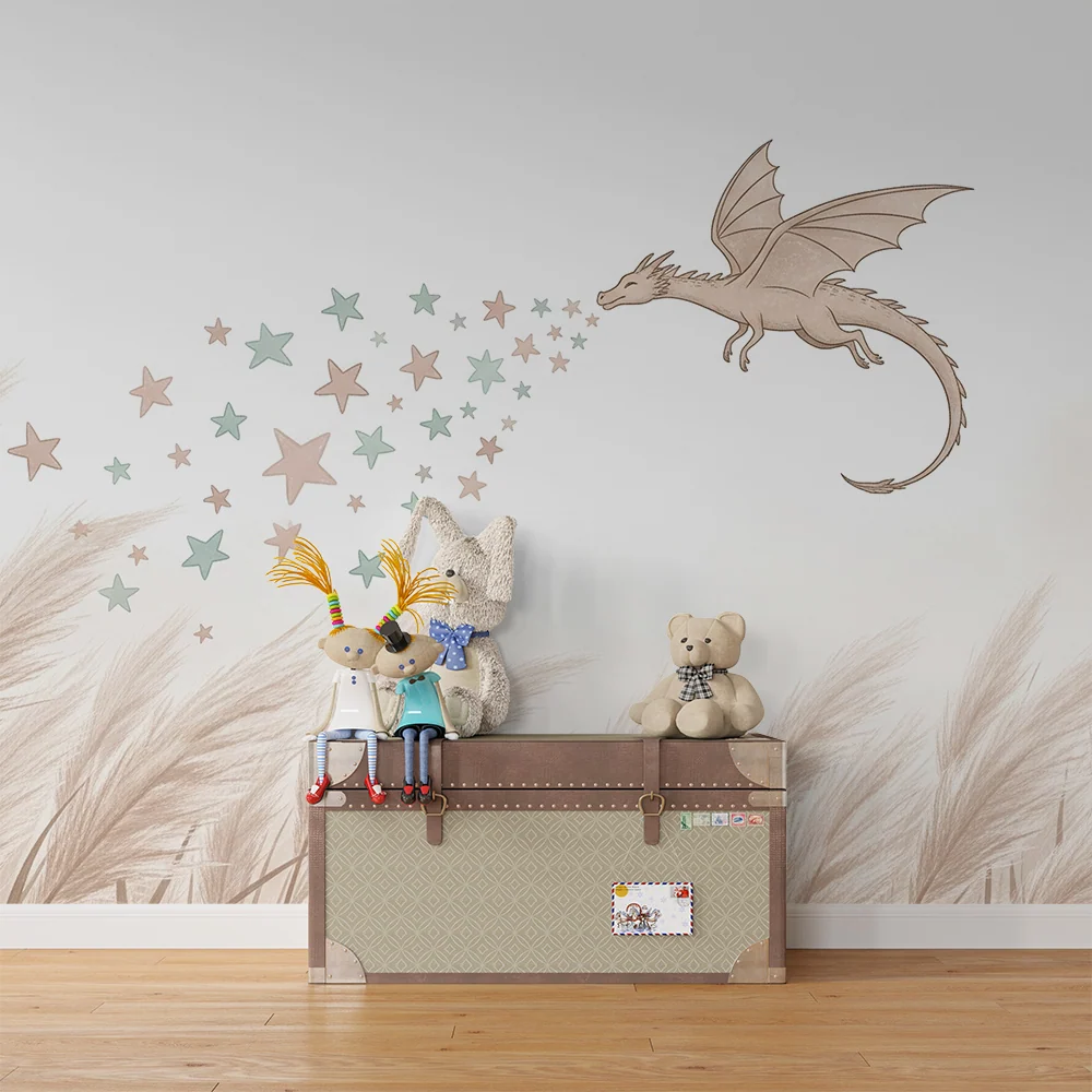 Kinderzimmer Tapete | Magischer Drache und Sterne einer sanften Landschaft