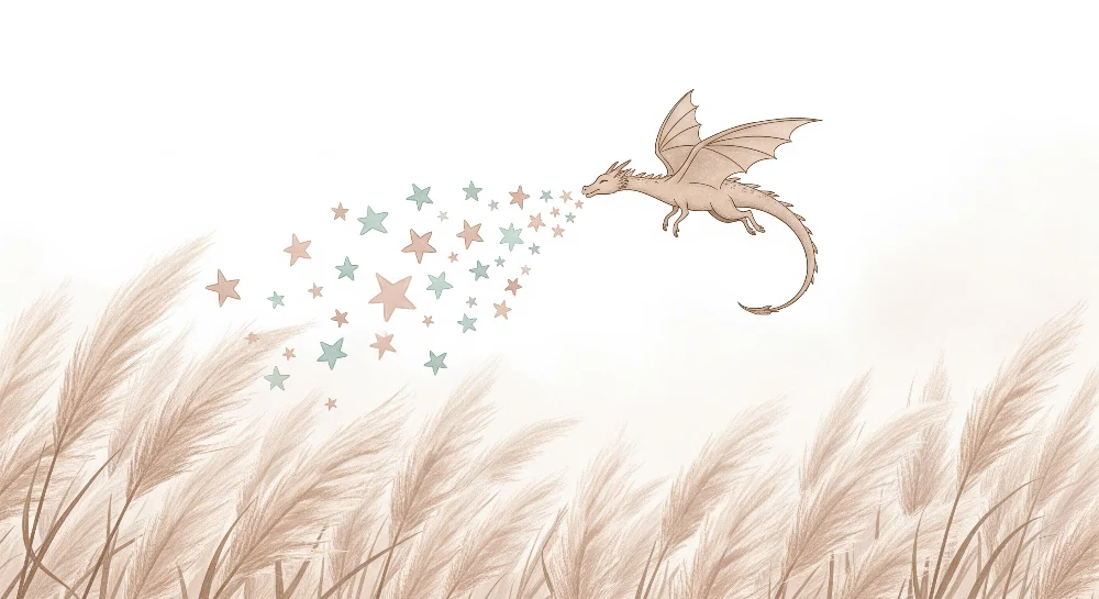 Kinderzimmer Tapete | Magischer Drache und Sterne einer sanften Landschaft