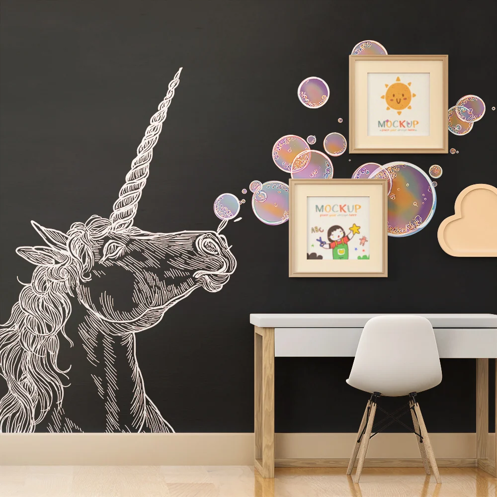 Kinderzimmer Tapete | Magischer Einhorn, das bunte Blasen bläst