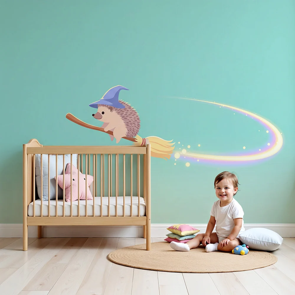 Kinderzimmer Tapete | Magischer Igel auf einem fliegenden Besen