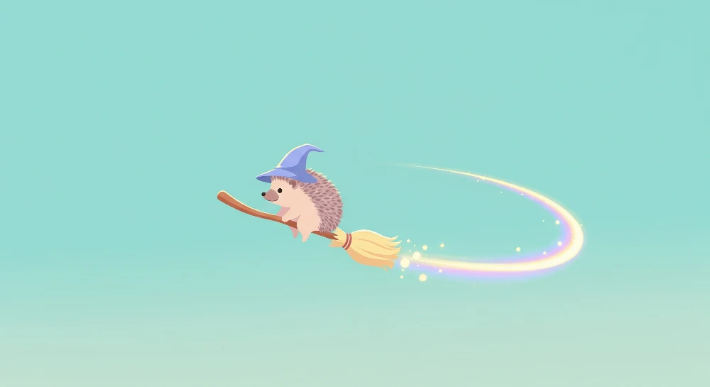 Kinderzimmer Tapete | Magischer Igel auf einem fliegenden Besen
