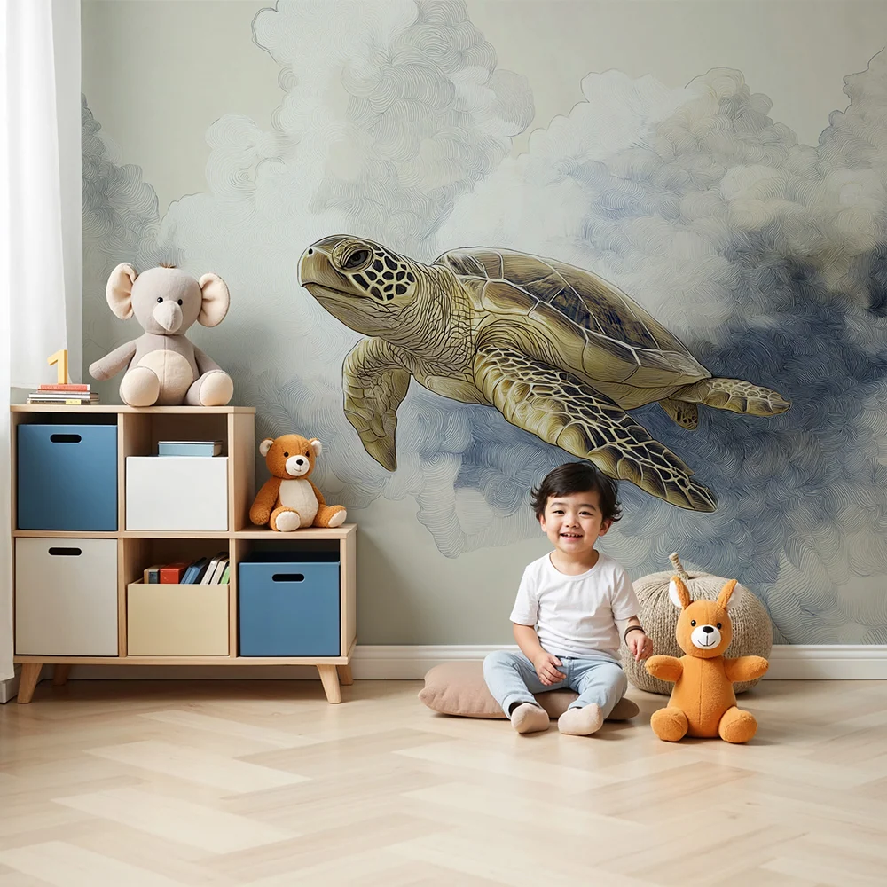 Kinderzimmer Tapete | Majestätische Schildkröte schwimmt zwischen den Wolken