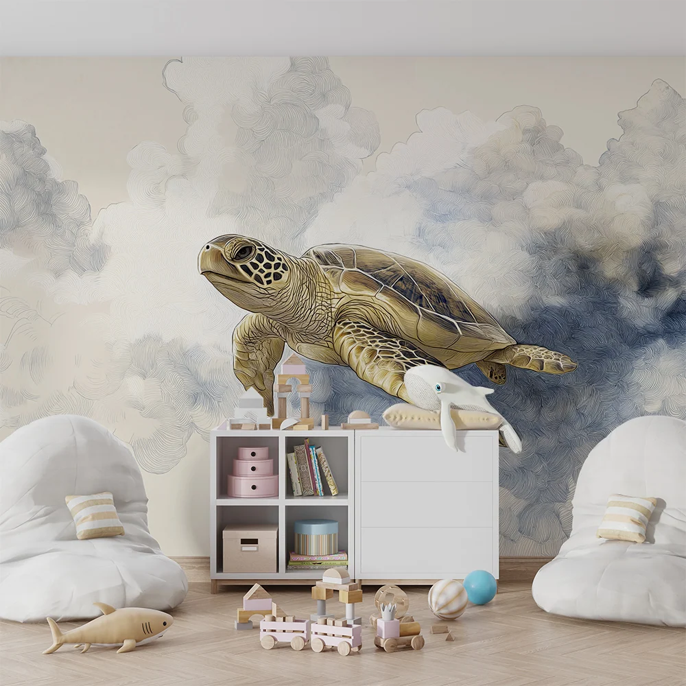 Kinderzimmer Tapete | Majestätische Schildkröte schwimmt zwischen den Wolken