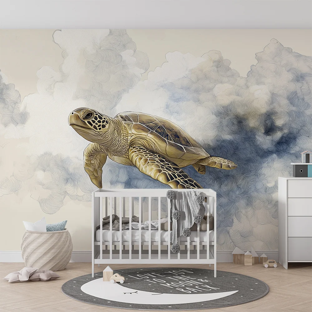 Kinderzimmer Tapete | Majestätische Schildkröte schwimmt zwischen den Wolken
