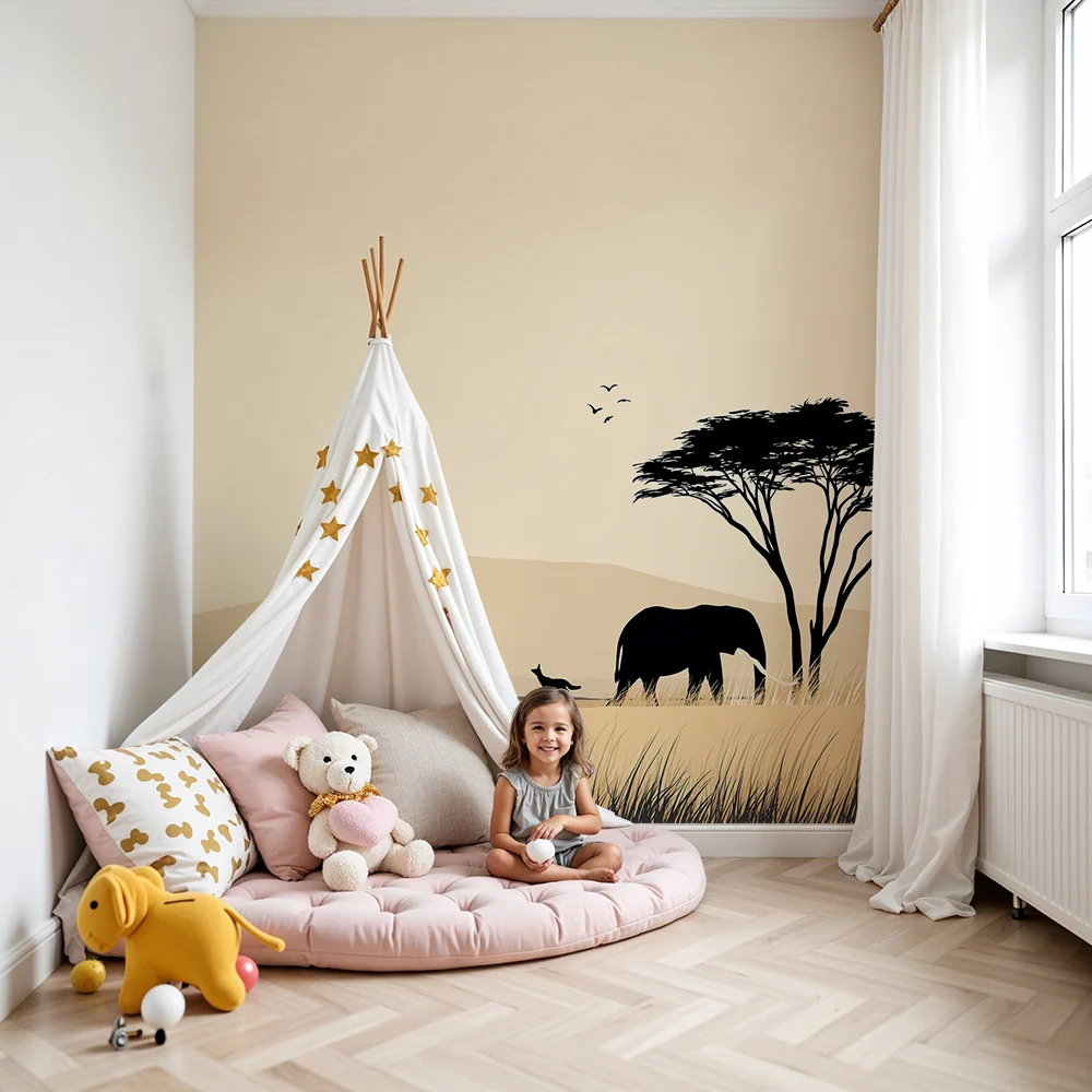 Kinderzimmer Tapete | Majestätischer Elefant und beruhigende afrikanische Landschaft