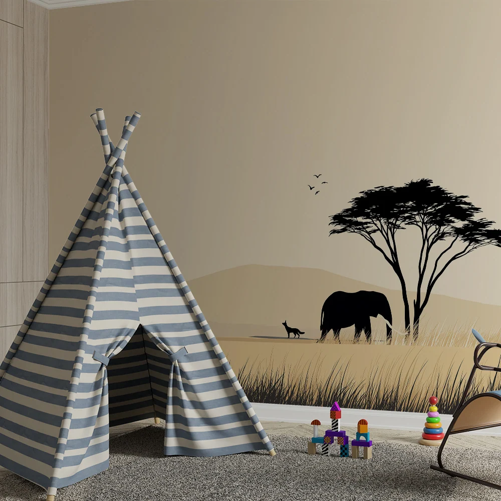 Kinderzimmer Tapete | Majestätischer Elefant und beruhigende afrikanische Landschaft