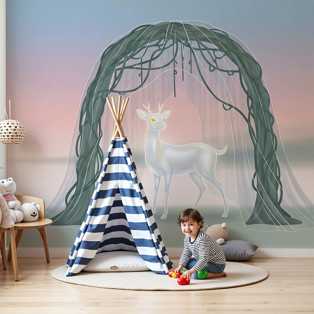 Kinderzimmer Tapete | Majestätischer Hirsch unter einem zarten Bogen aus Grün