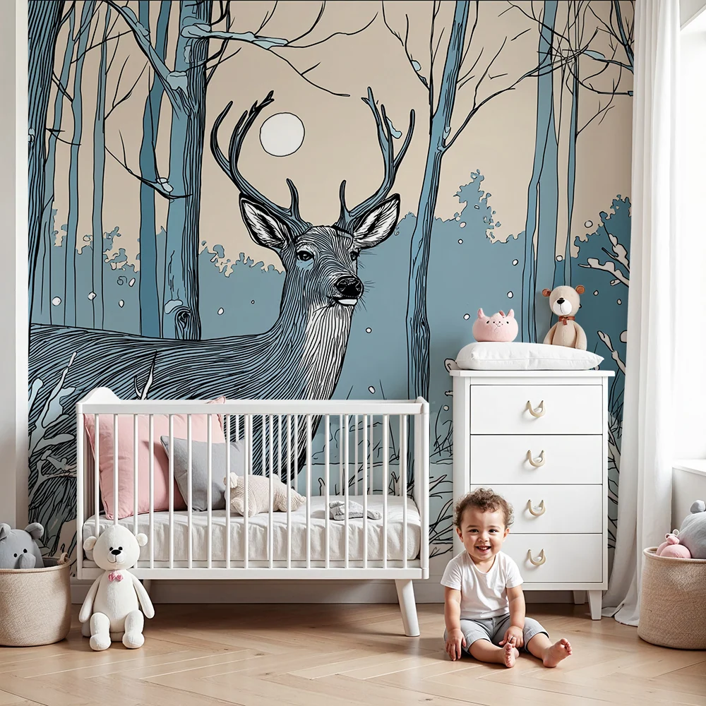 Kinderzimmer Tapete | Majestätischer Hirsch im winterlichen Wald