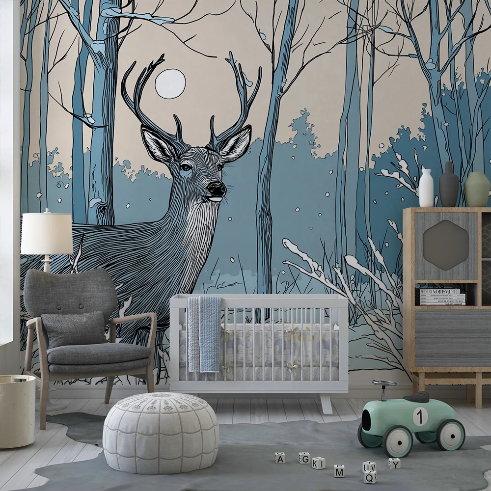 Kinderzimmer Tapete | Majestätischer Hirsch im winterlichen Wald