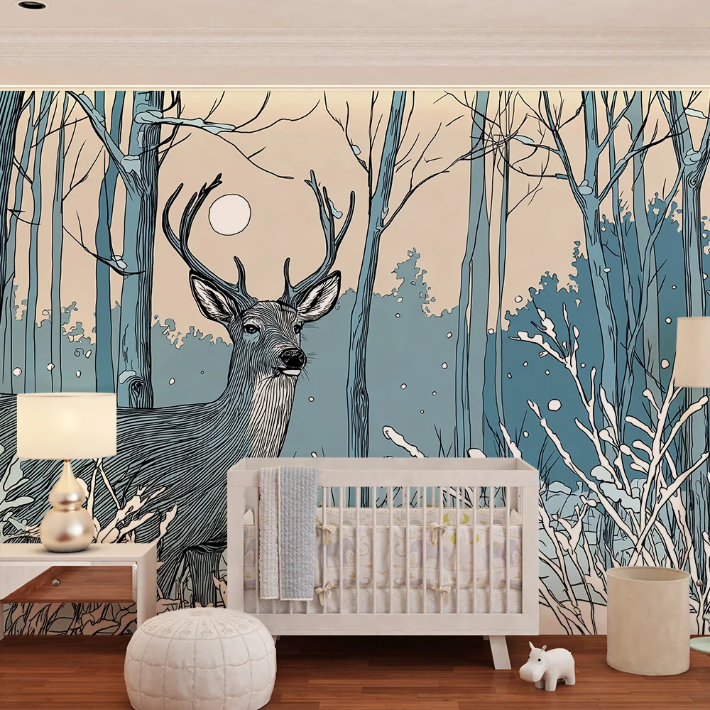 Kinderzimmer Tapete | Majestätischer Hirsch im winterlichen Wald