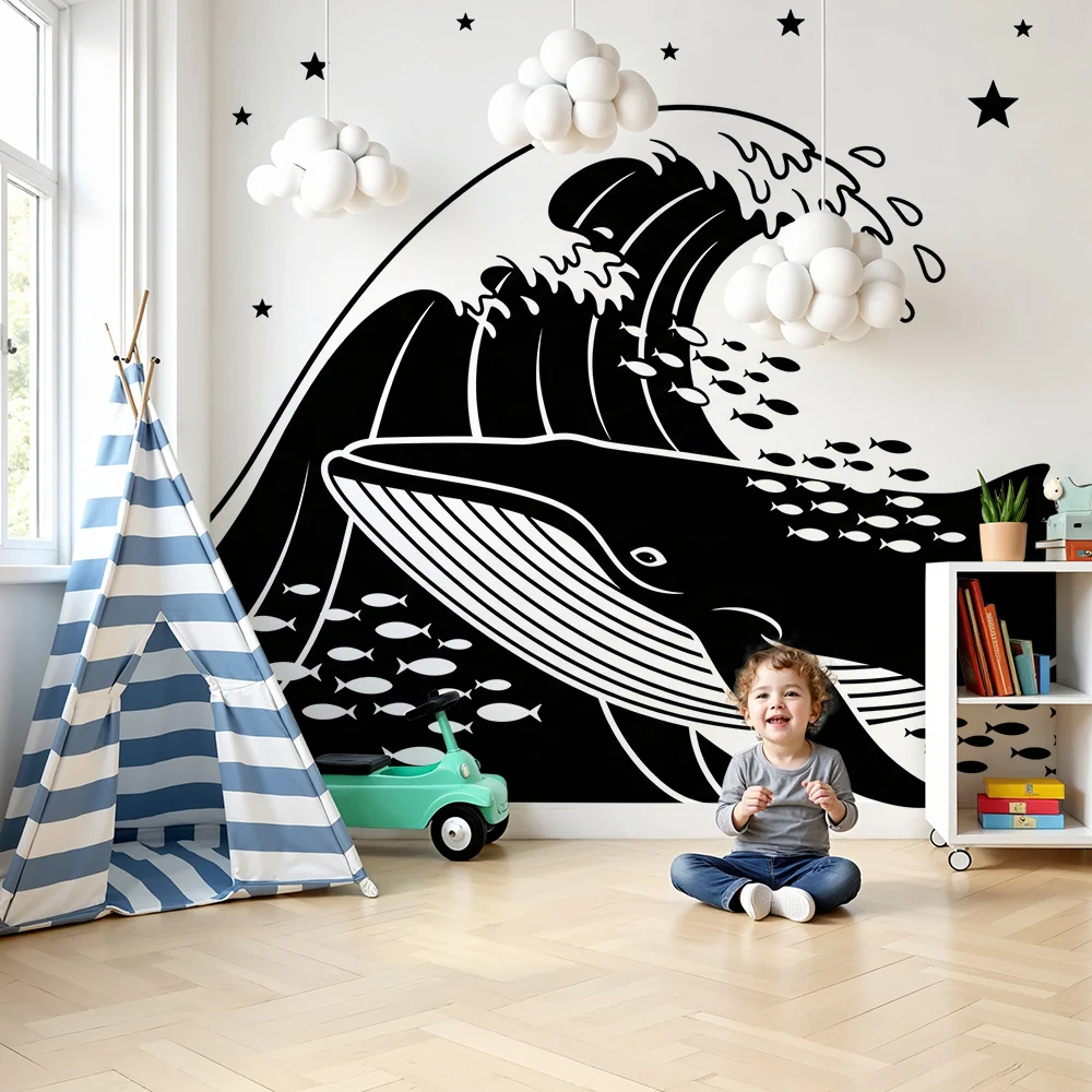 Kinderzimmer Tapete | Majestätischer Wal und Wellen unter einem sternenklaren Himmel