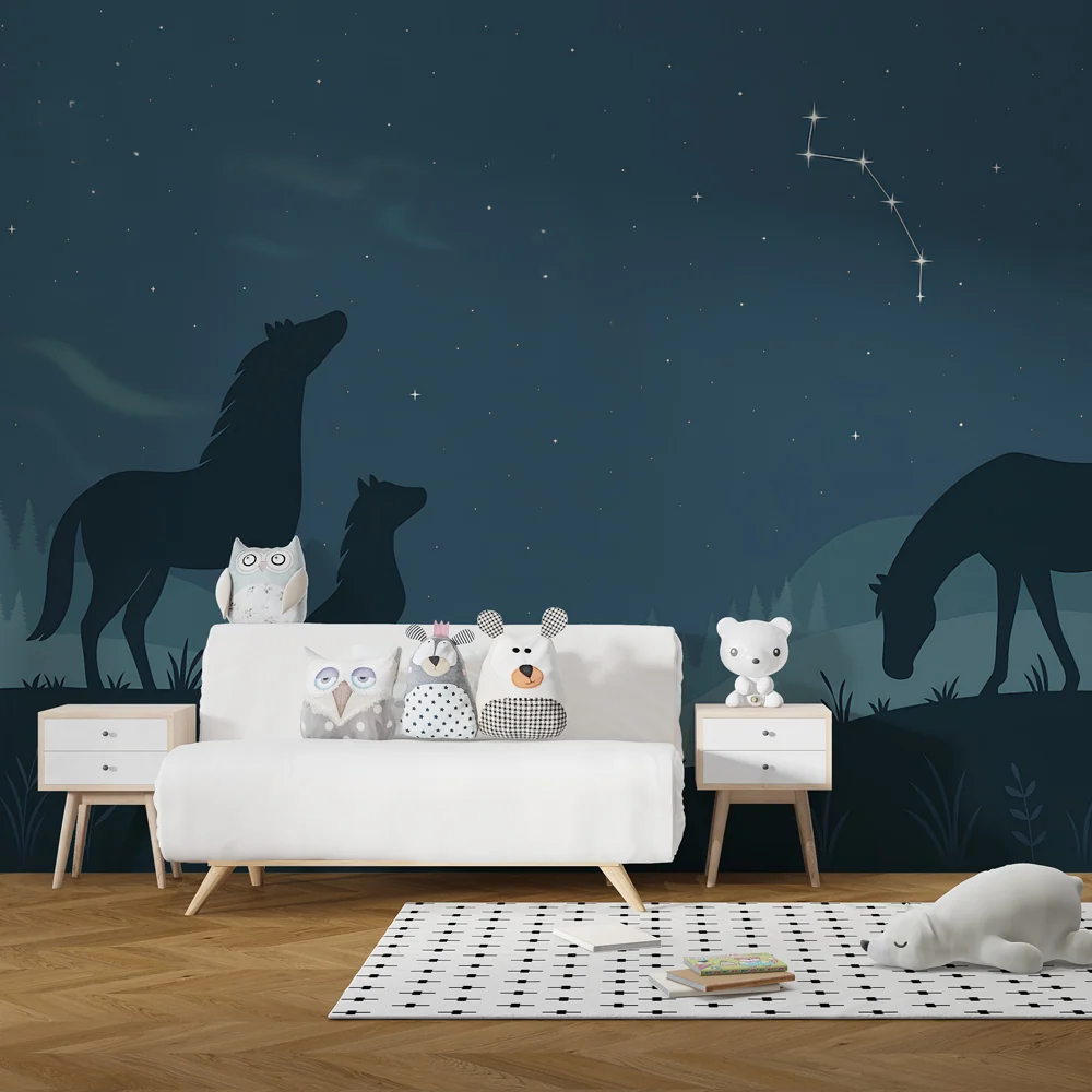 Kinderzimmer Tapete | Nacht Tiere unter den Sternen