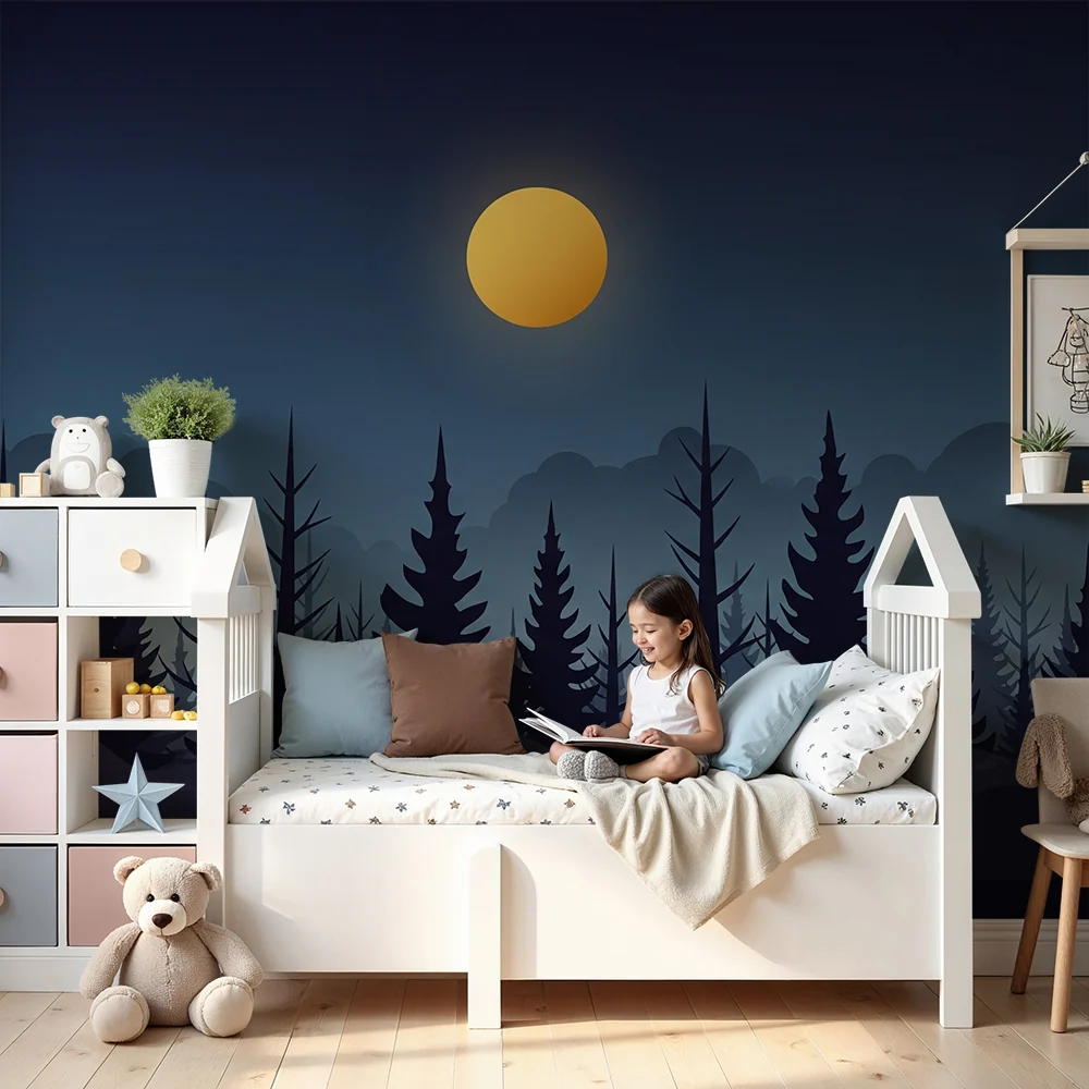Kinderzimmer Tapete | Nebeliger Wald bei Nacht unter dem leuchtenden Mond