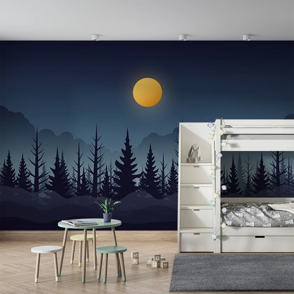 Kinderzimmer Tapete | Nebeliger Wald bei Nacht unter dem leuchtenden Mond