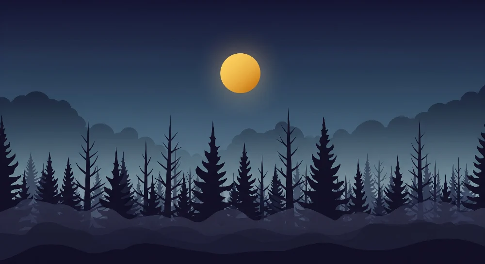 Kinderzimmer Tapete | Nebeliger Wald bei Nacht unter dem leuchtenden Mond