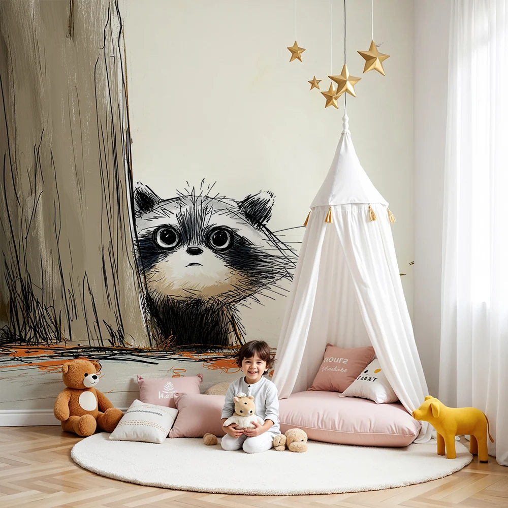 Kinderzimmer Tapete | Neugieriger kleiner Waschbär hinter einem Baum