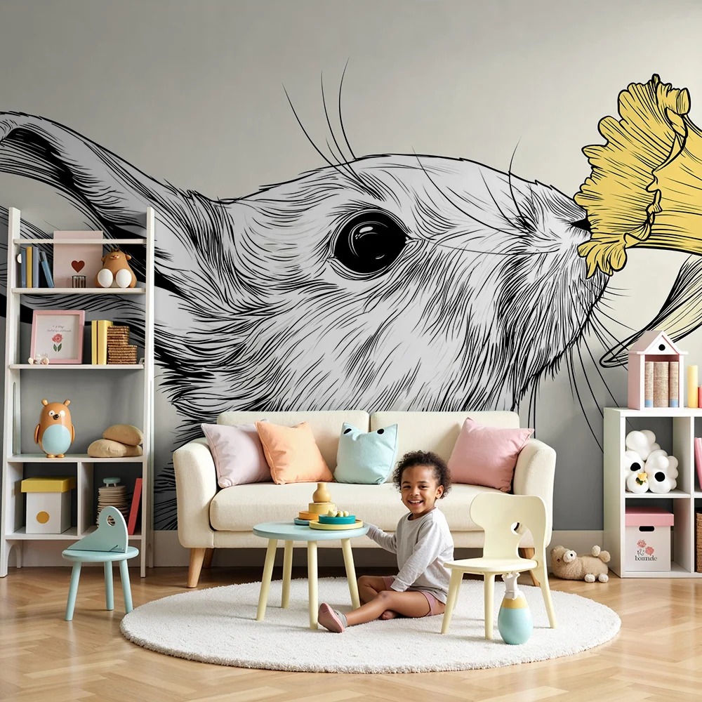 Kinderzimmer Tapete | Neugieriges Kaninchen und leuchtende Narzisse