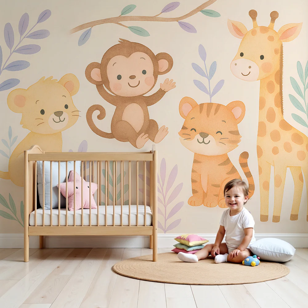Kinderzimmer Tapete | Niedliche Dschungeltiere groß