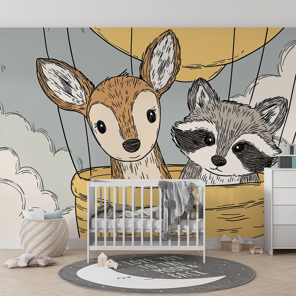 Kinderzimmer Tapete | Niedliche Tiere einem Heißluftballon über den Wolken
