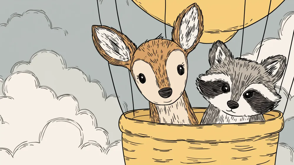 Kinderzimmer Tapete | Niedliche Tiere einem Heißluftballon über den Wolken