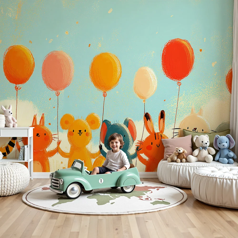 Kinderzimmer Tapete | Niedliche Tiere mit Luftballons