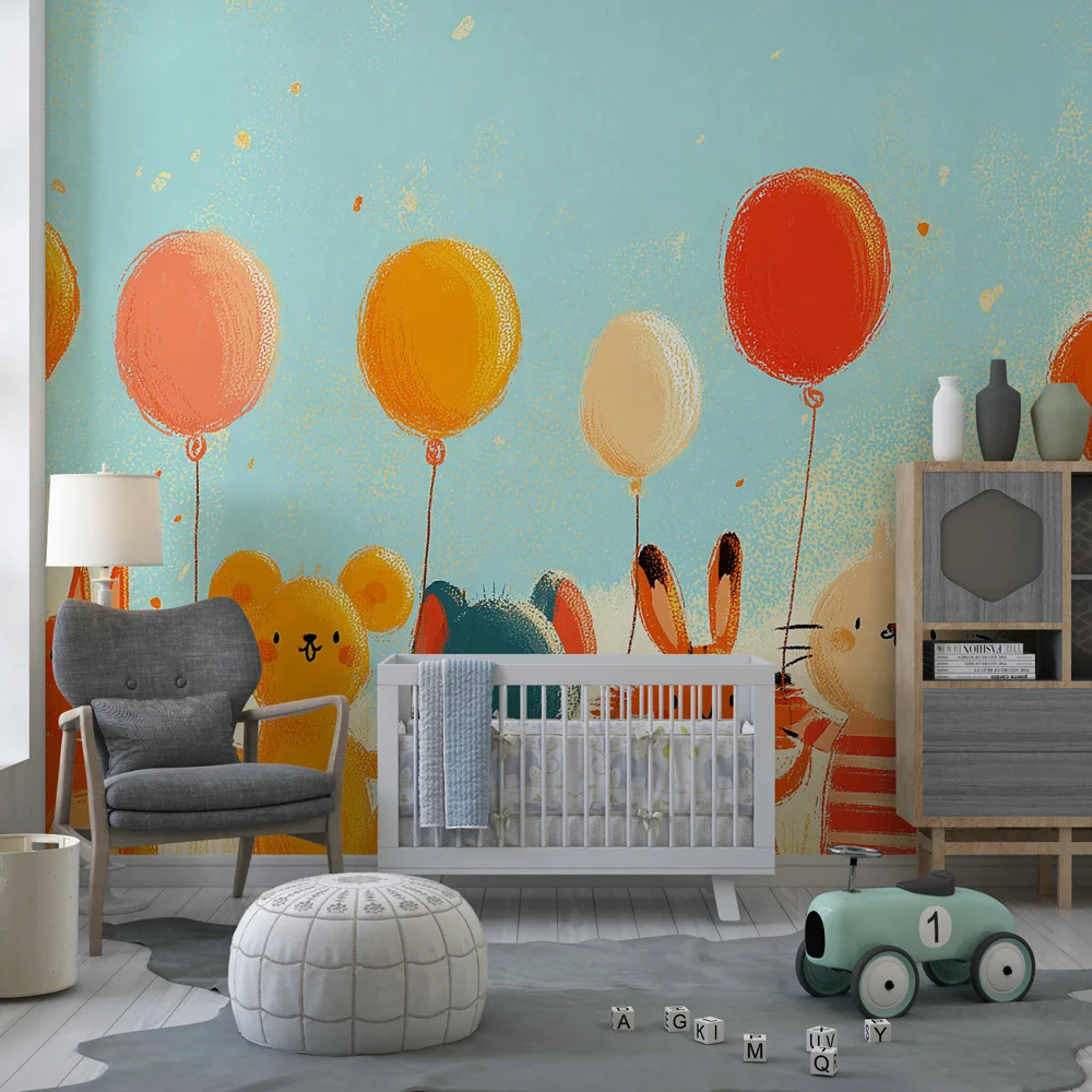 Kinderzimmer Tapete | Niedliche Tiere mit Luftballons