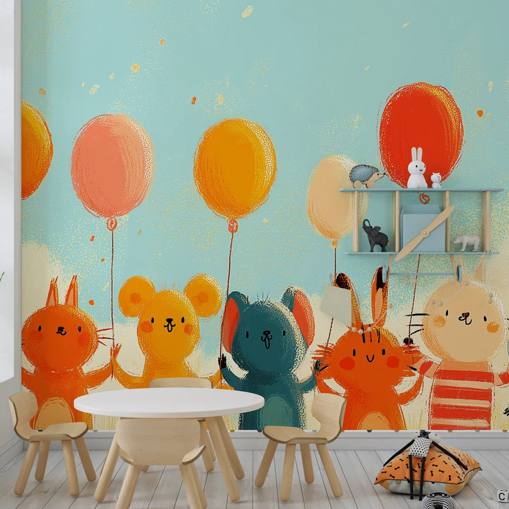 Kinderzimmer Tapete | Niedliche Tiere mit Luftballons