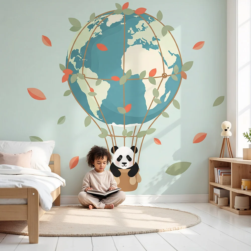 Kinderzimmer Tapete | Niedlicher Panda einem Luftballon über der Welt