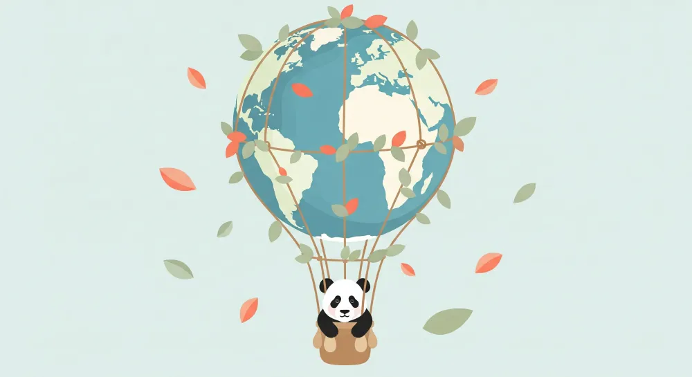 Kinderzimmer Tapete | Niedlicher Panda einem Luftballon über der Welt