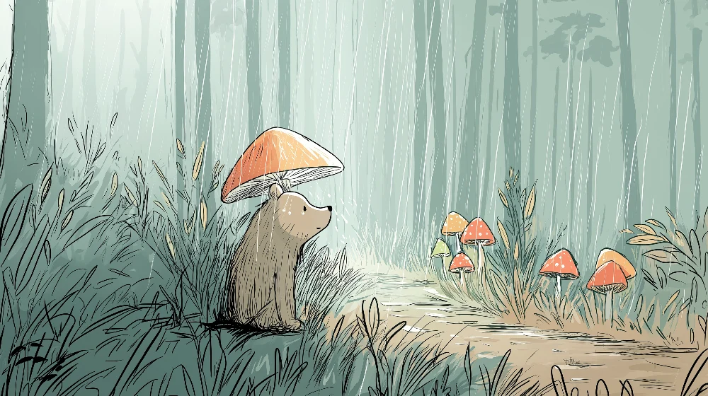 Kinderzimmer Tapete | Niedlicher Bär unter einem Pilz im verzauberten Wald