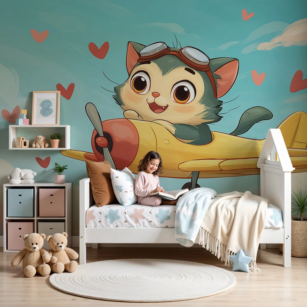 Kinderzimmer Tapete | Pilotenkätzchen den Wolken
