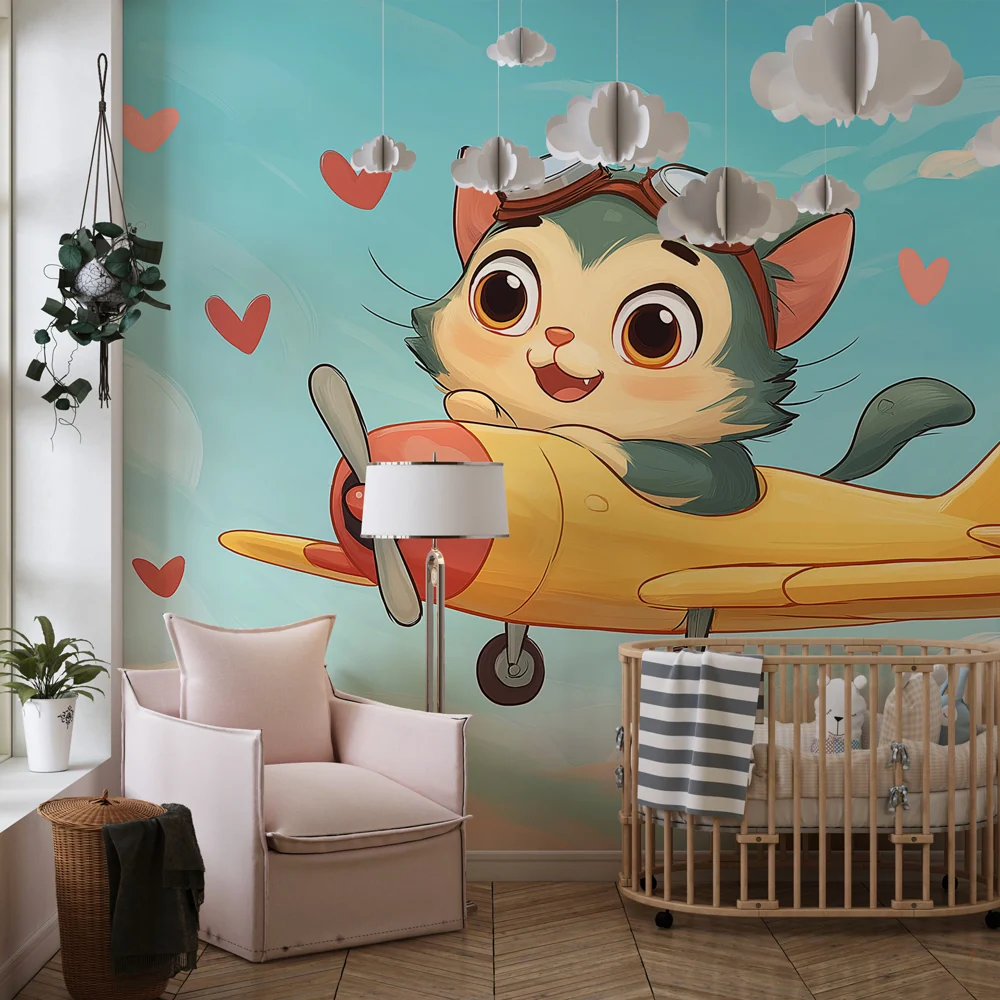 Kinderzimmer Tapete | Pilotenkätzchen den Wolken
