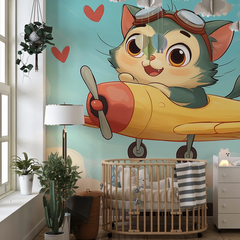 Kinderzimmer Tapete | Pilotenkätzchen den Wolken