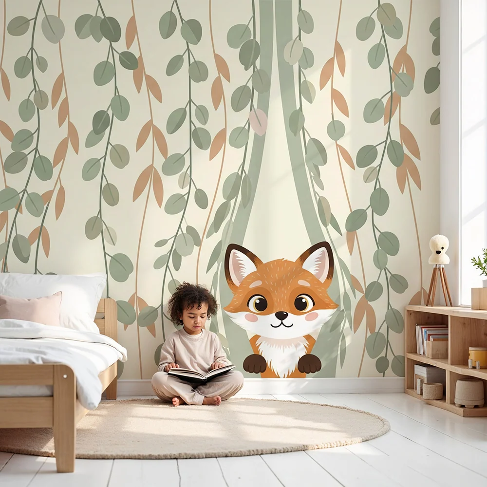 Kinderzimmer Tapete | Schelmischer Fuchs und zarte Blätter