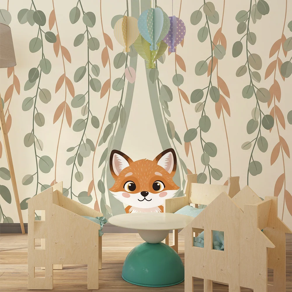 Kinderzimmer Tapete | Schelmischer Fuchs und zarte Blätter