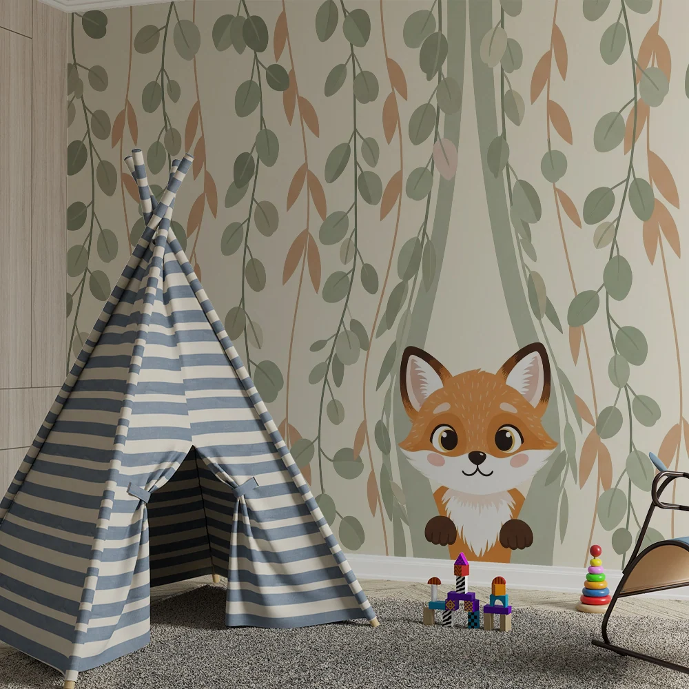 Kinderzimmer Tapete | Schelmischer Fuchs und zarte Blätter