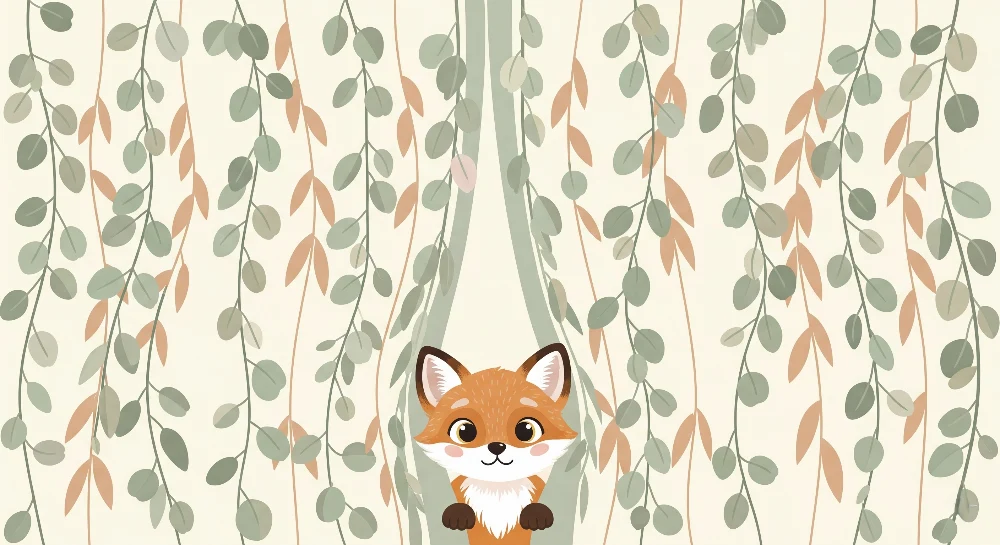 Kinderzimmer Tapete | Schelmischer Fuchs und zarte Blätter