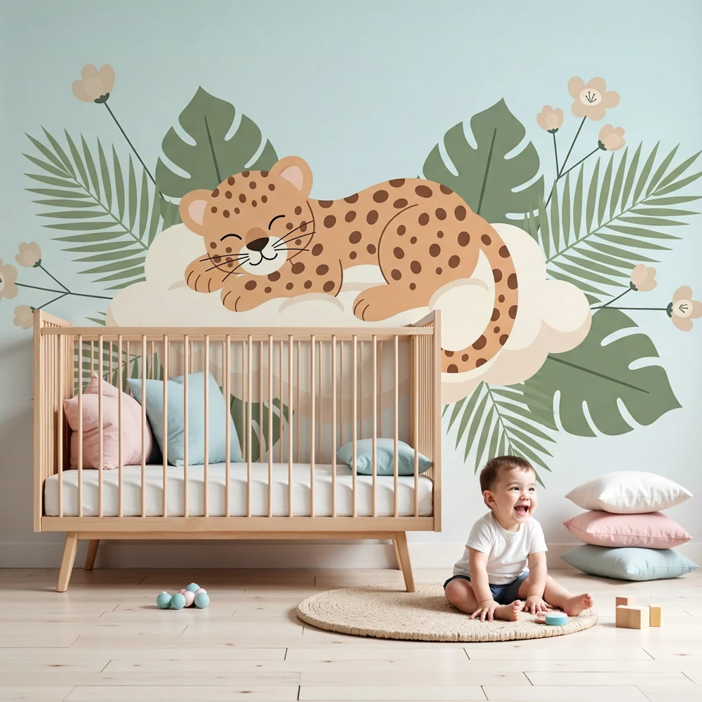 Kinderzimmer Tapete | Schlafender Leopard auf einer Wolke