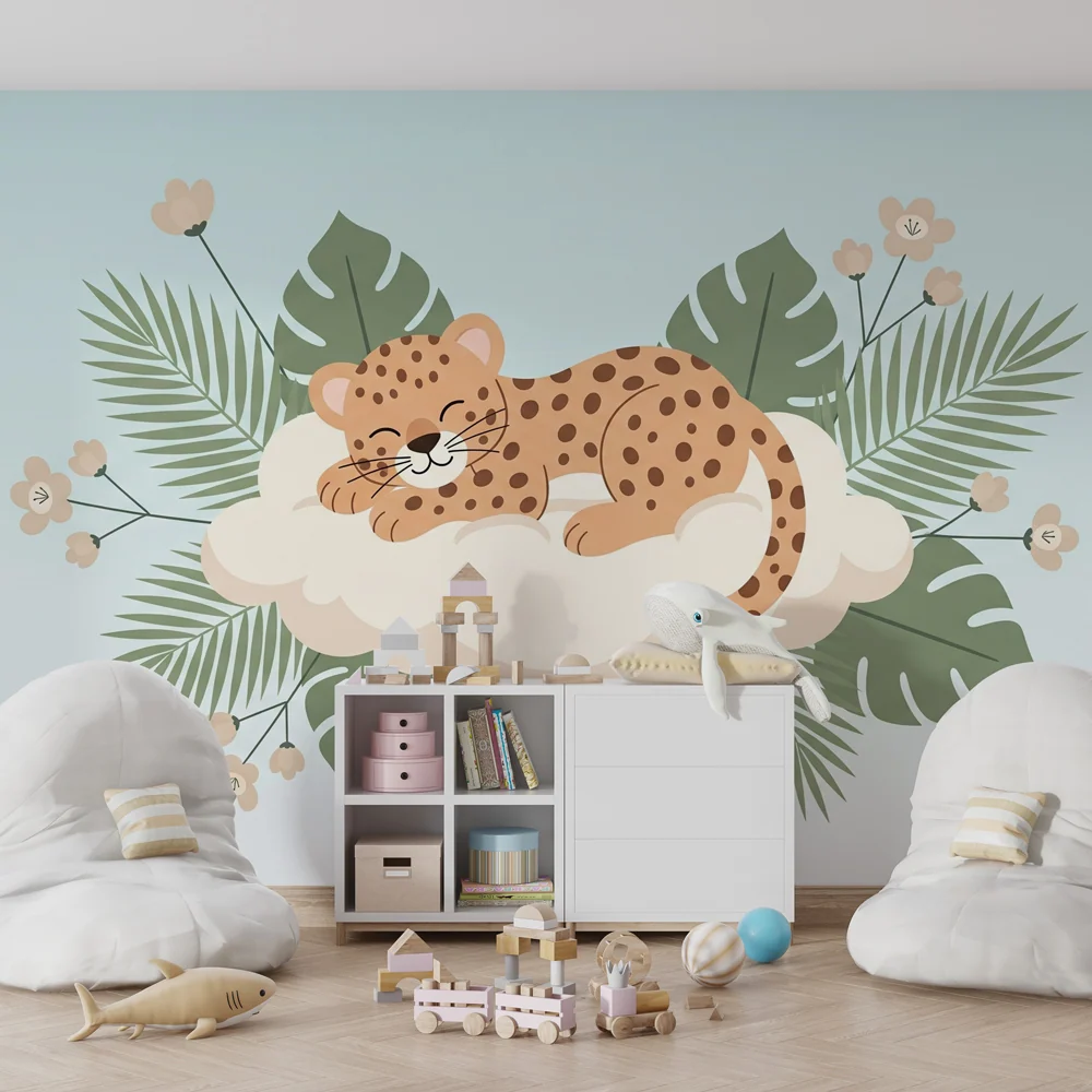 Kinderzimmer Tapete | Schlafender Leopard auf einer Wolke
