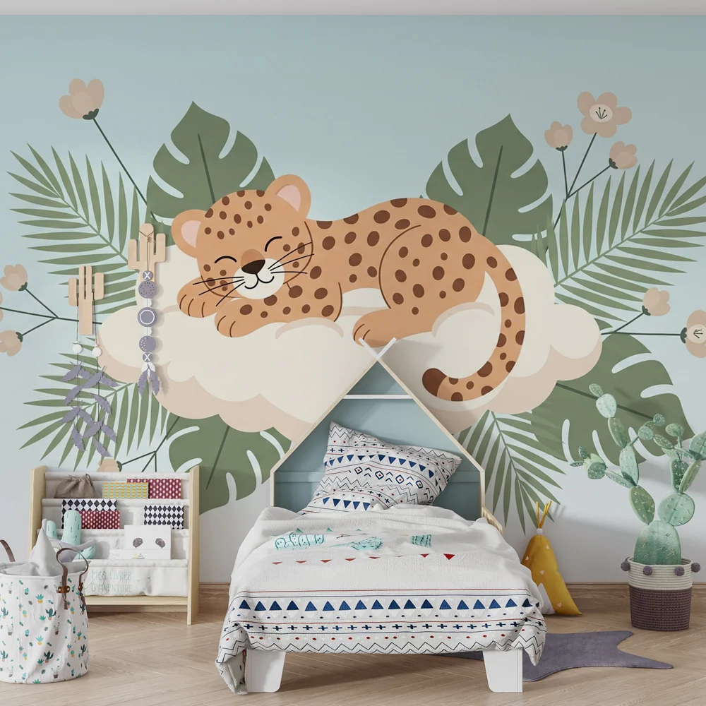 Kinderzimmer Tapete | Schlafender Leopard auf einer Wolke